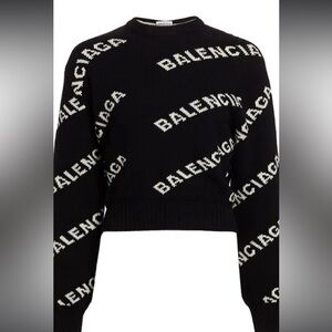 Cropped Balenciaga Black and White Crew Neck Sweater with Logo Design
